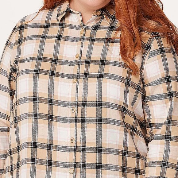 Isaac Mizrahi Live! Plus 22 Plaid Button Front Layered Shirt Neutral Tan 22W - Picture 2 of 9